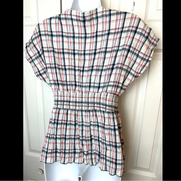 FREE PEOPLE Plaid Crinkle Top Blouse Shirt Ruched Waist Buttons Ivory Pink Blue - Picture 5 of 9